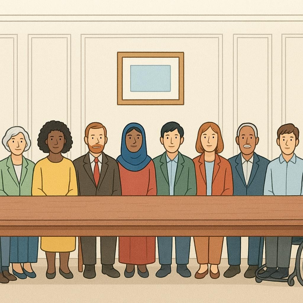 A depiction of a group of twelve diverse individuals sitting together in a row behind a long wooden table, representing a jury.