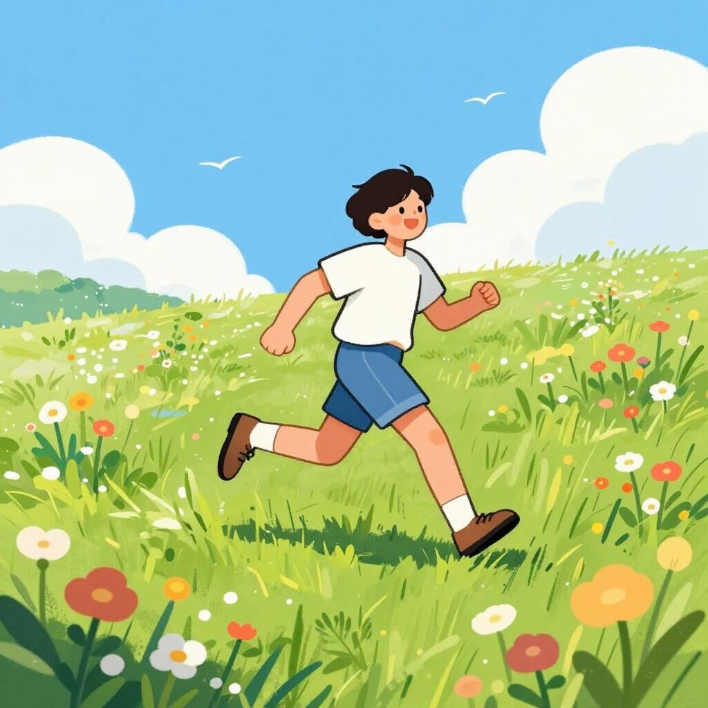 Eine Person, die glücklich mit offenen Armen durch ein sonniges Blumenfeld rennt.