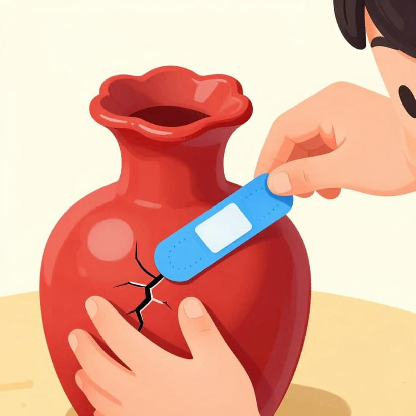 Un bambino che applica con cura un colorato cerotto su una piccola crepa in un vaso di ceramica.