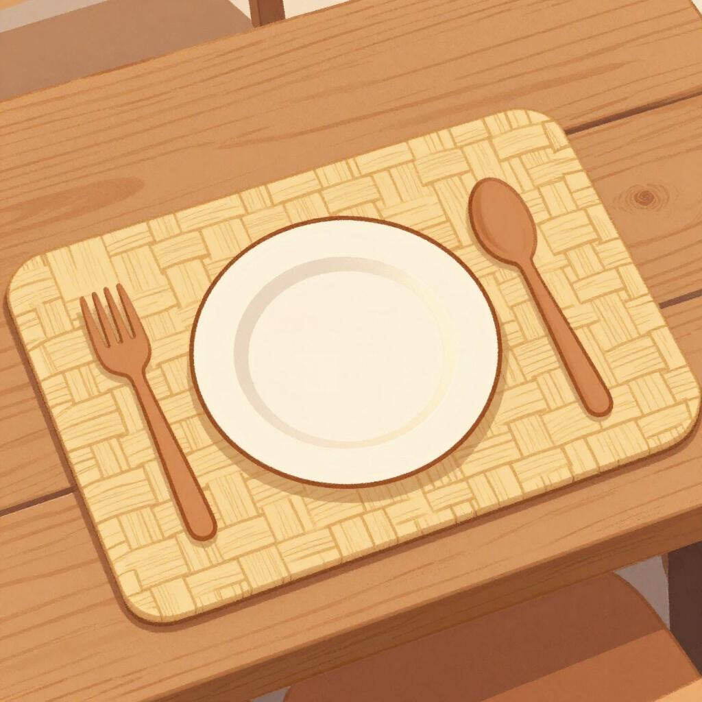 A woven rectangular place mat on a wooden table with a plate, a fork, and a spoon neatly arranged on it.