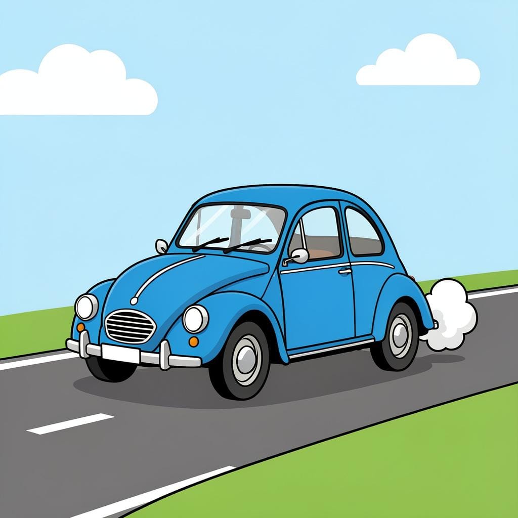 A vintage blue car emitting a small puff of smoke from its exhaust pipe as it begins to move.