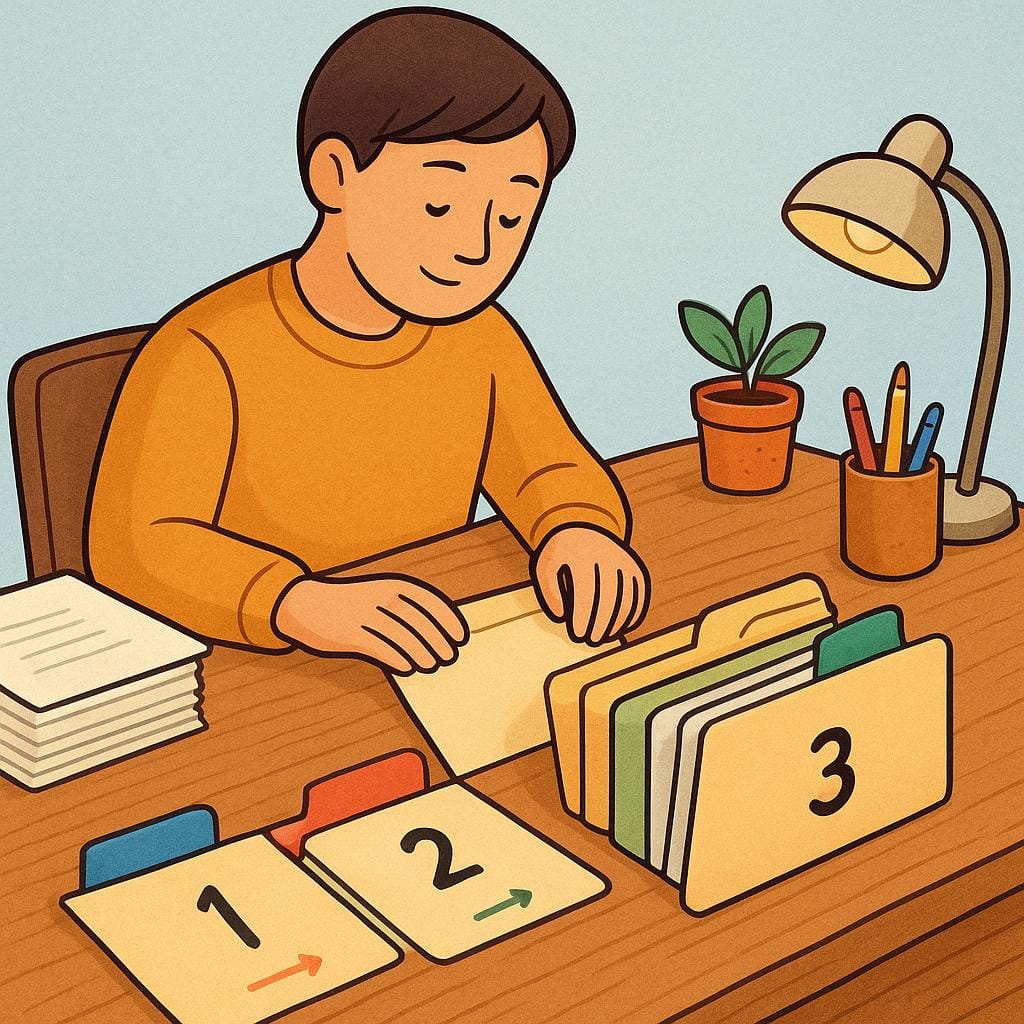 A person meticulously organizing files at a pristine, structured wooden desk, placing them into labeled folders.