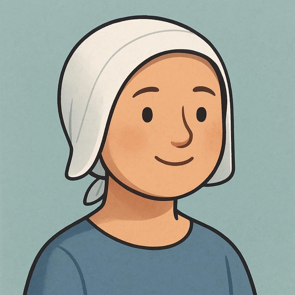 A stylized illustration of a person wearing a traditional stiff white head covering known as a coif.