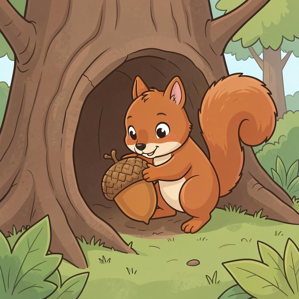 A squirrel holding a single acorn and placing it inside a hollow tree trunk for later.