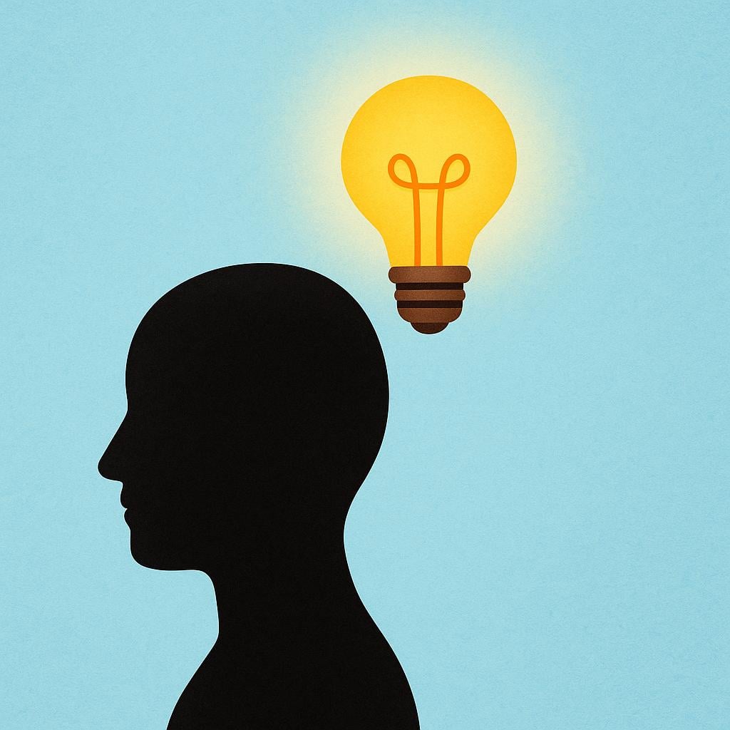 A simple illustration showing the silhouette of a human head with a glowing lightbulb floating above it, symbolizing the general process of thinking.