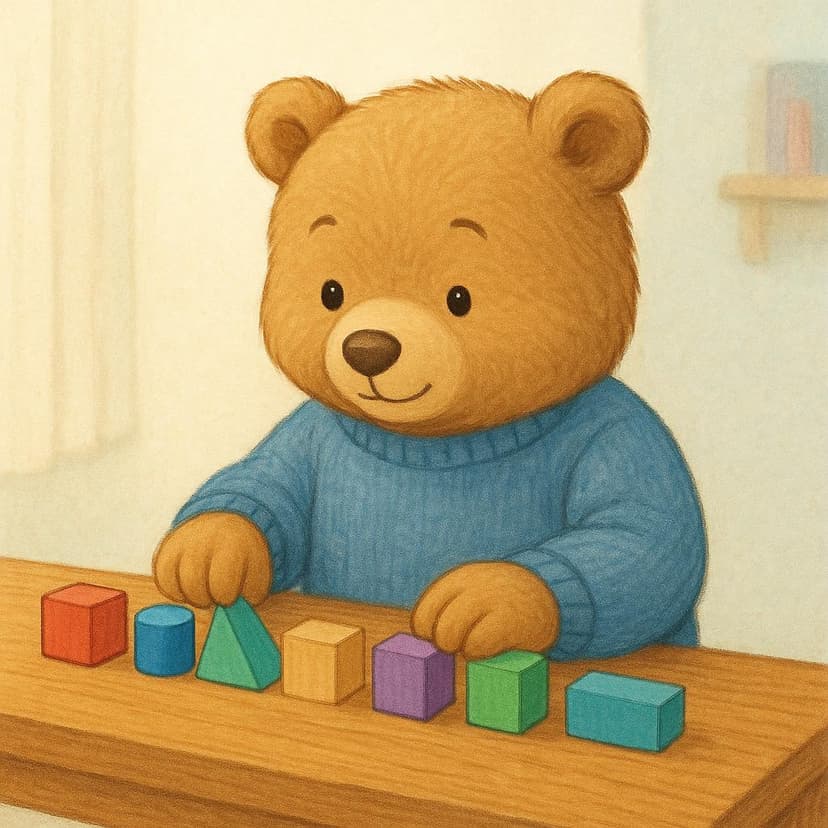 Ein freundlicher Bärencharakter sitzt an einem Holztisch und ordnet nachdenklich eine Reihe kleiner, farbiger geometrischer Blöcke in einer Sequenz an, was Planung symbolisiert.