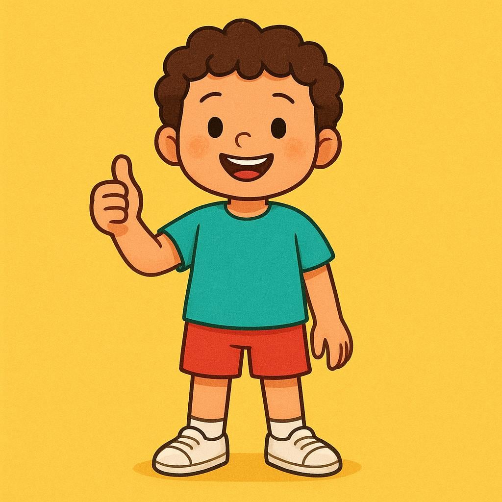 A smiling child character with their arms raised high in an enthusiastic gesture, showing they are ready and eager.