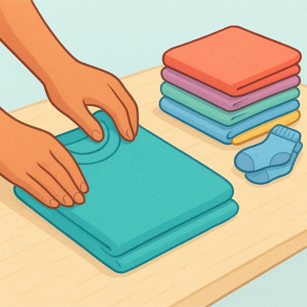 A close-up illustration of hands folding brightly colored clothes, representing general household chores or tasks.
