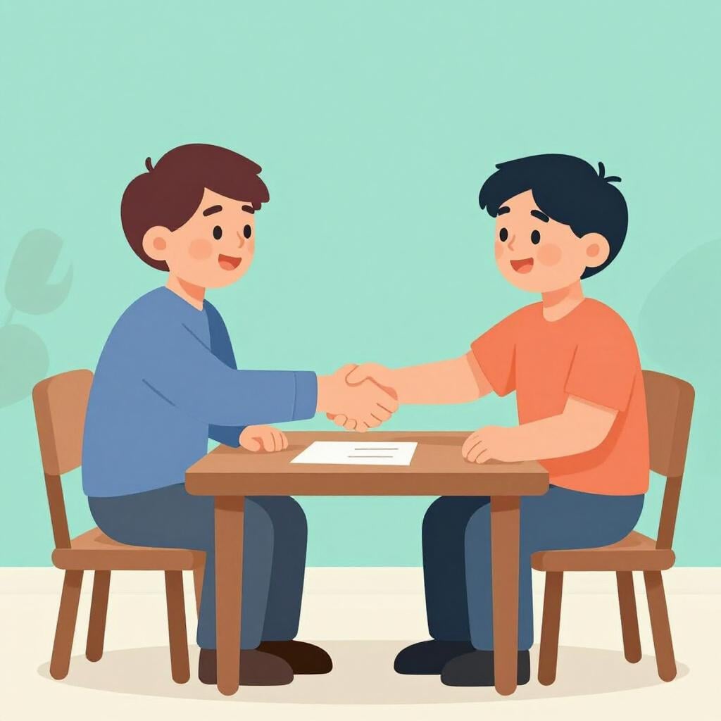 Twee mensen zitten aan een kleine tafel en schudden elkaar de hand boven een document.