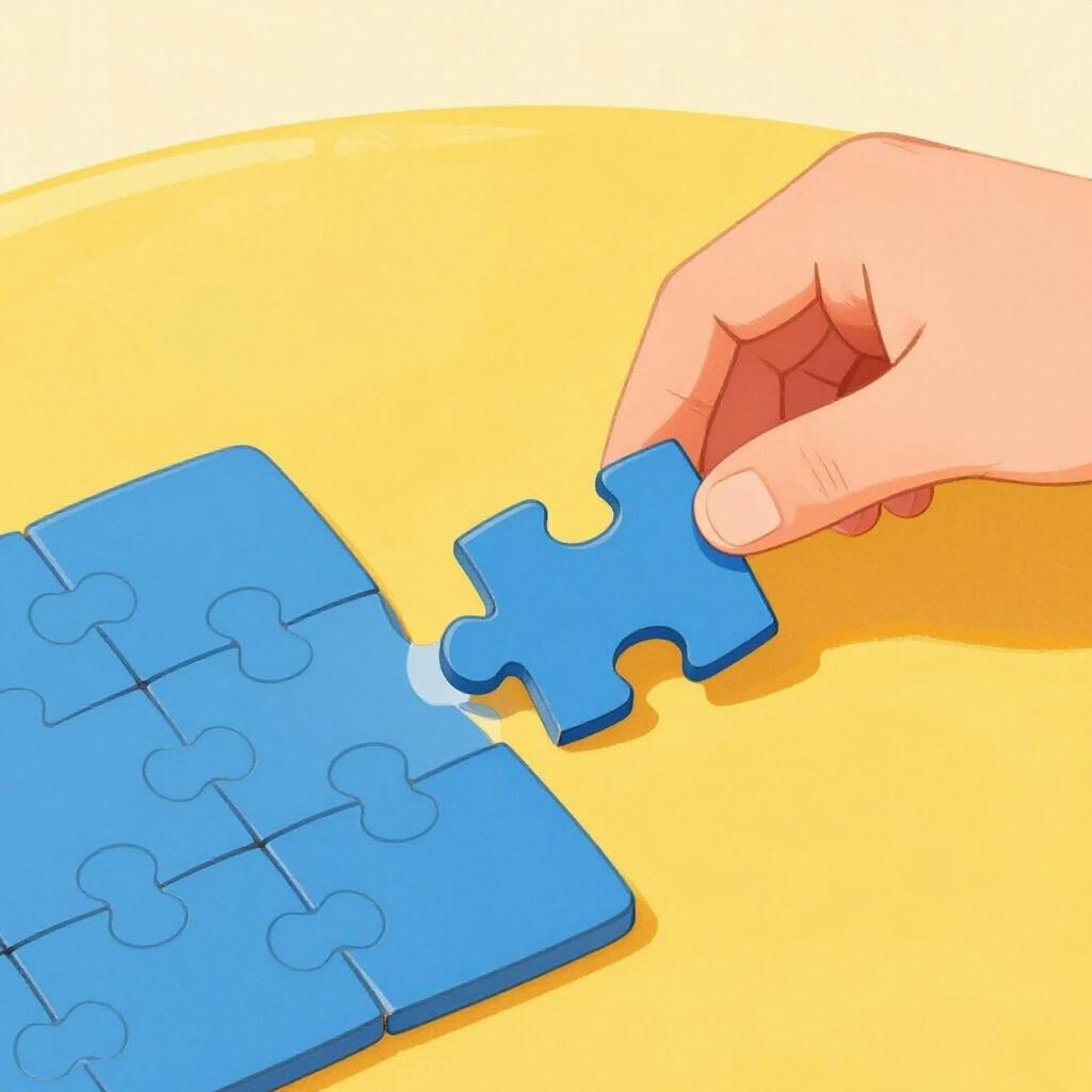 A hand placing a single puzzle piece into a matching gap in a puzzle.