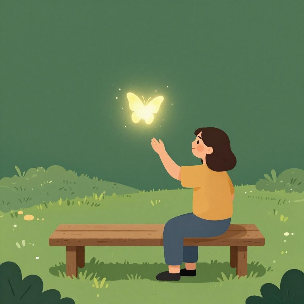 A person sitting on a park bench looking at a floating, glowing butterfly that others cannot see, illustrating someone experiencing psychosis.