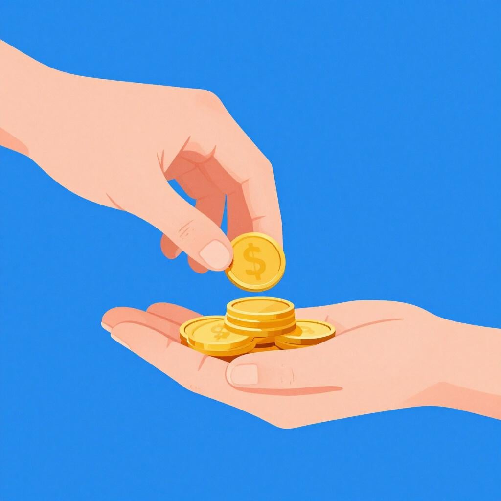 A hand handing a small stack of gold coins to another hand.