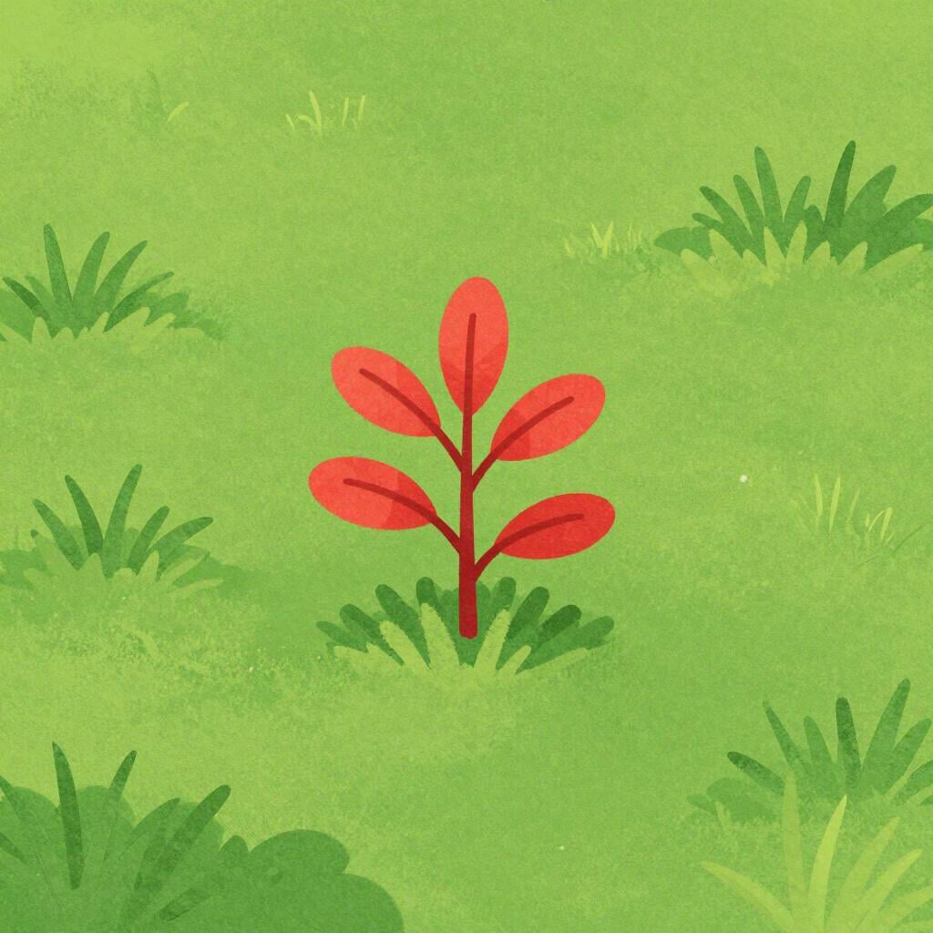 A single bright red weed growing in the middle of a perfectly manicured green lawn.