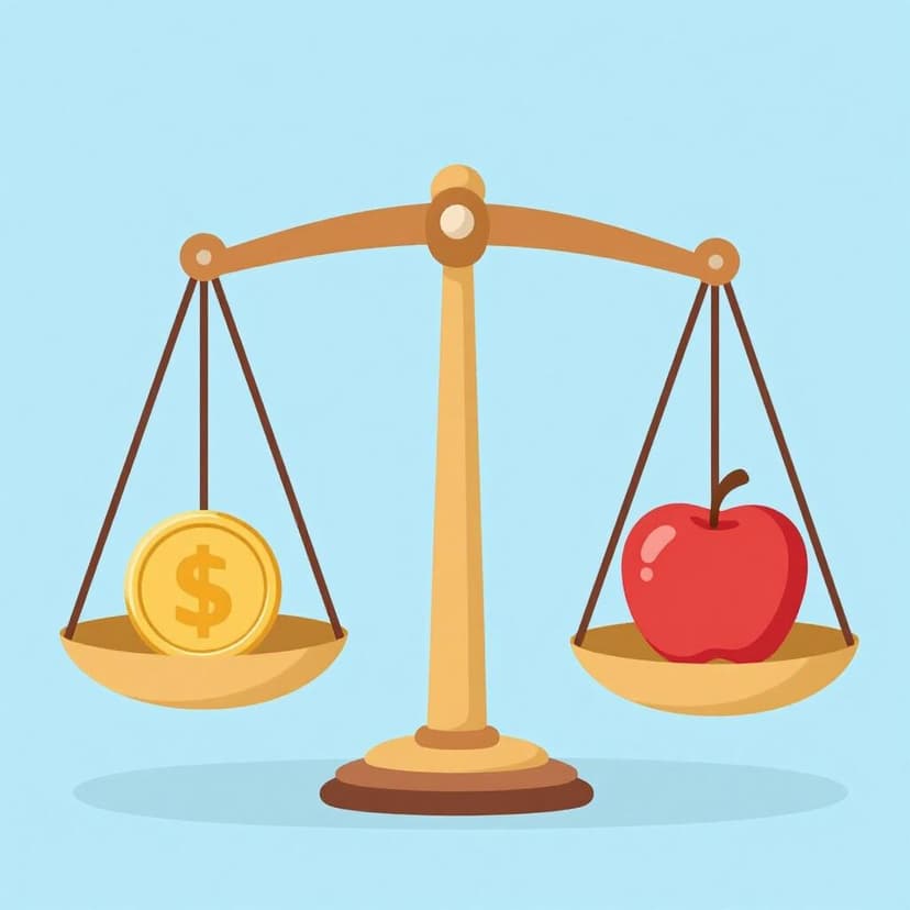 Una classica bilancia con una moneta d'oro lucida su un piatto e una mela rossa matura sull'altro, perfettamente in equilibrio.