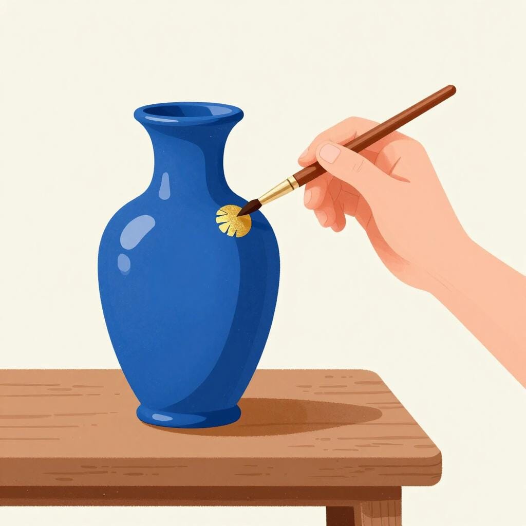 Um artesão habilidoso usando um pincel minúsculo para adicionar o toque final e perfeito de tinta dourada a um belo vaso de cerâmica.