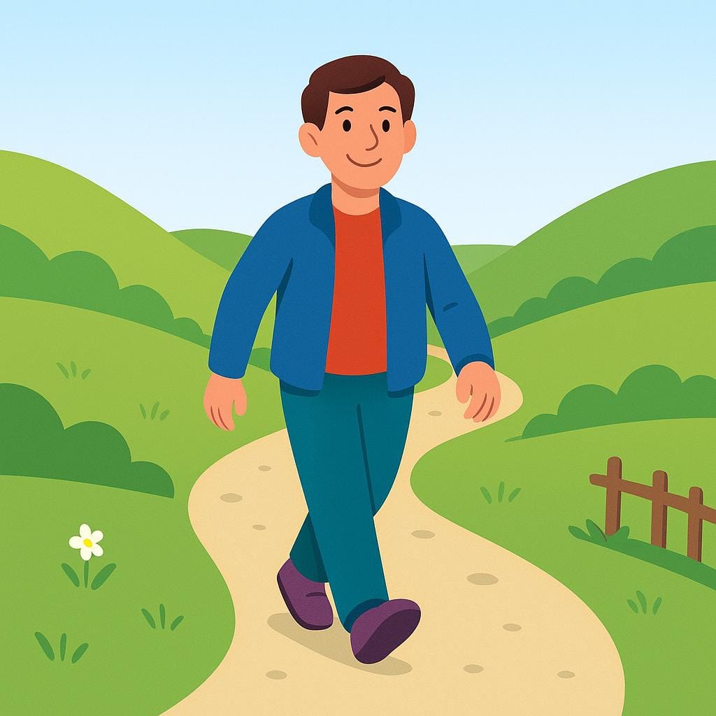 Uma única pessoa alegre está caminhando rapidamente por um caminho sinuoso em direção ao primeiro plano, carregando uma pequena mala, sugerindo chegada ou movimento em direção a um destino.