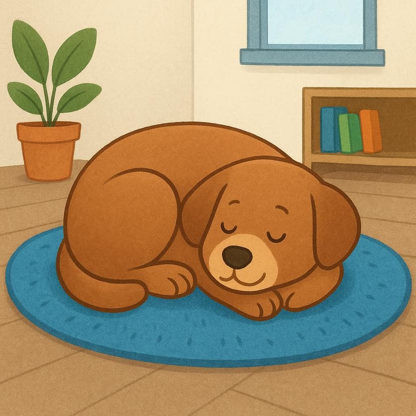 Un cane soffice e marrone è acciambellato addormentato su un tappeto blu fantasia in una stanza illuminata dal sole, chiaramente sistemato e fermo.