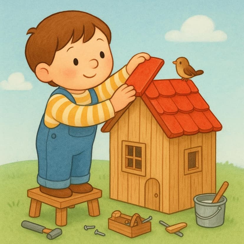 Un personnage de dessin animé en salopette plaçant soigneusement la dernière pièce sur une petite structure en bois, signifiant l'achèvement d'une tâche.