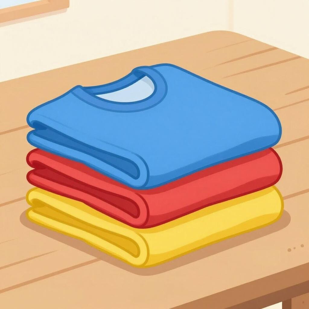 A neatly folded stack of colorful t-shirts on a wooden surface.