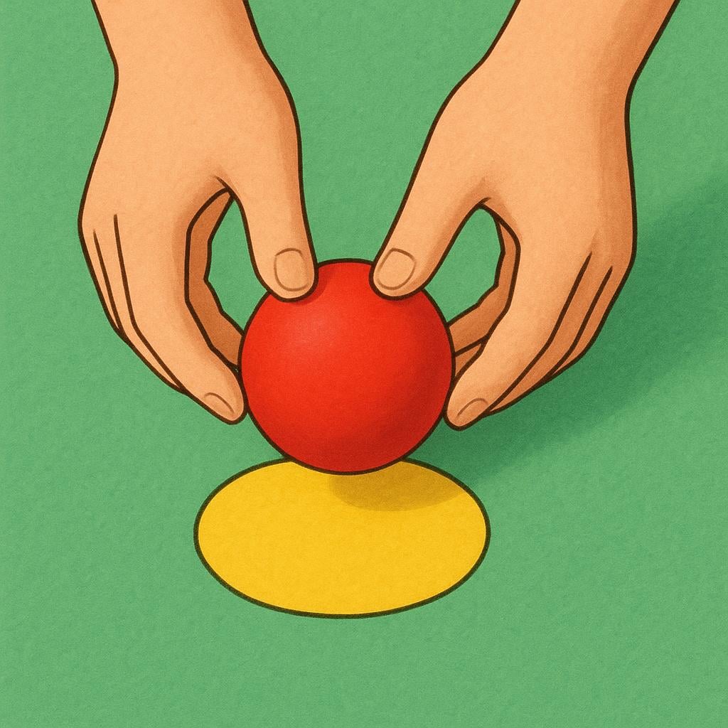 A close-up view of hands carefully placing a single, simple red ball onto a designated, empty yellow circle marked on a flat surface.