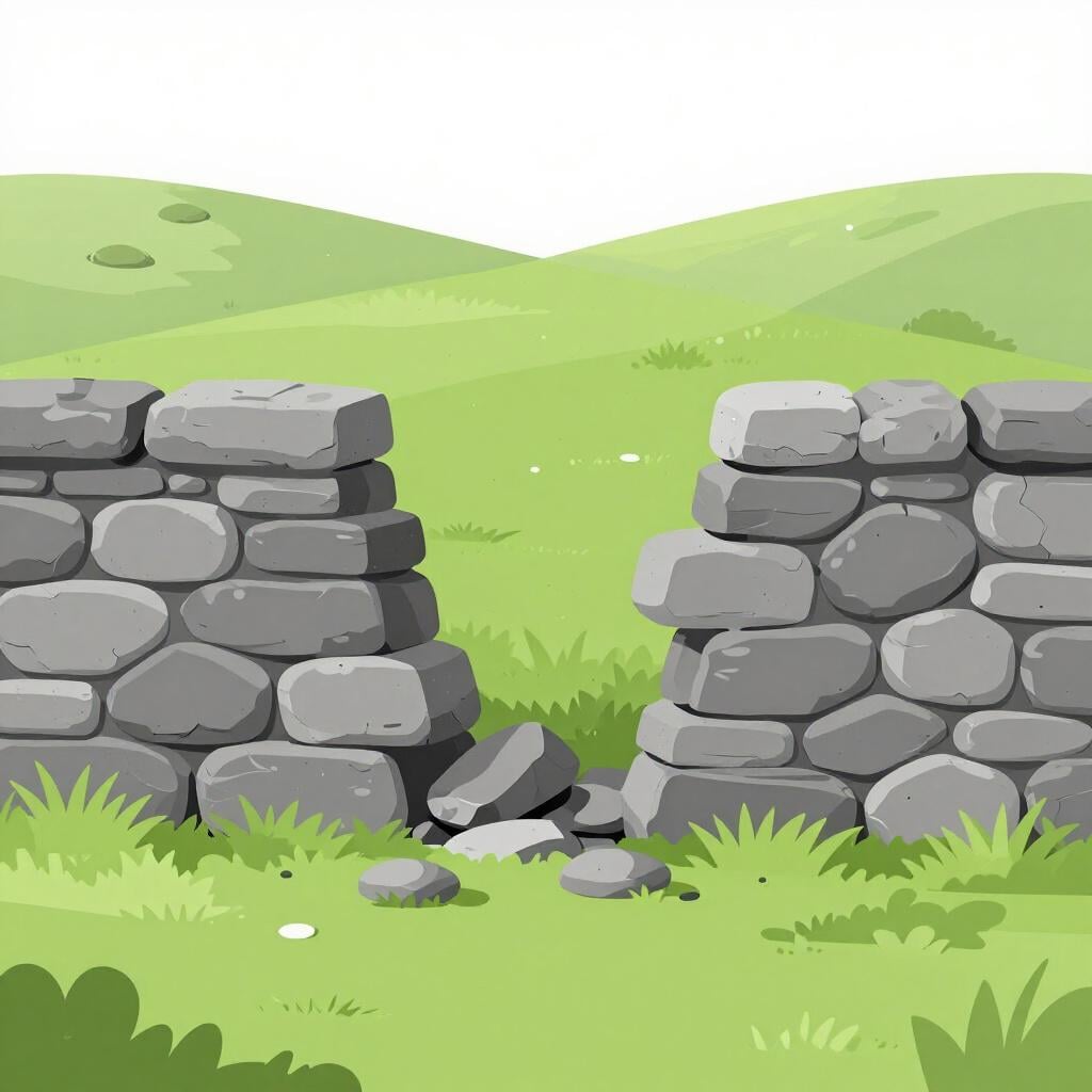 A stone wall with a large missing section in the middle.