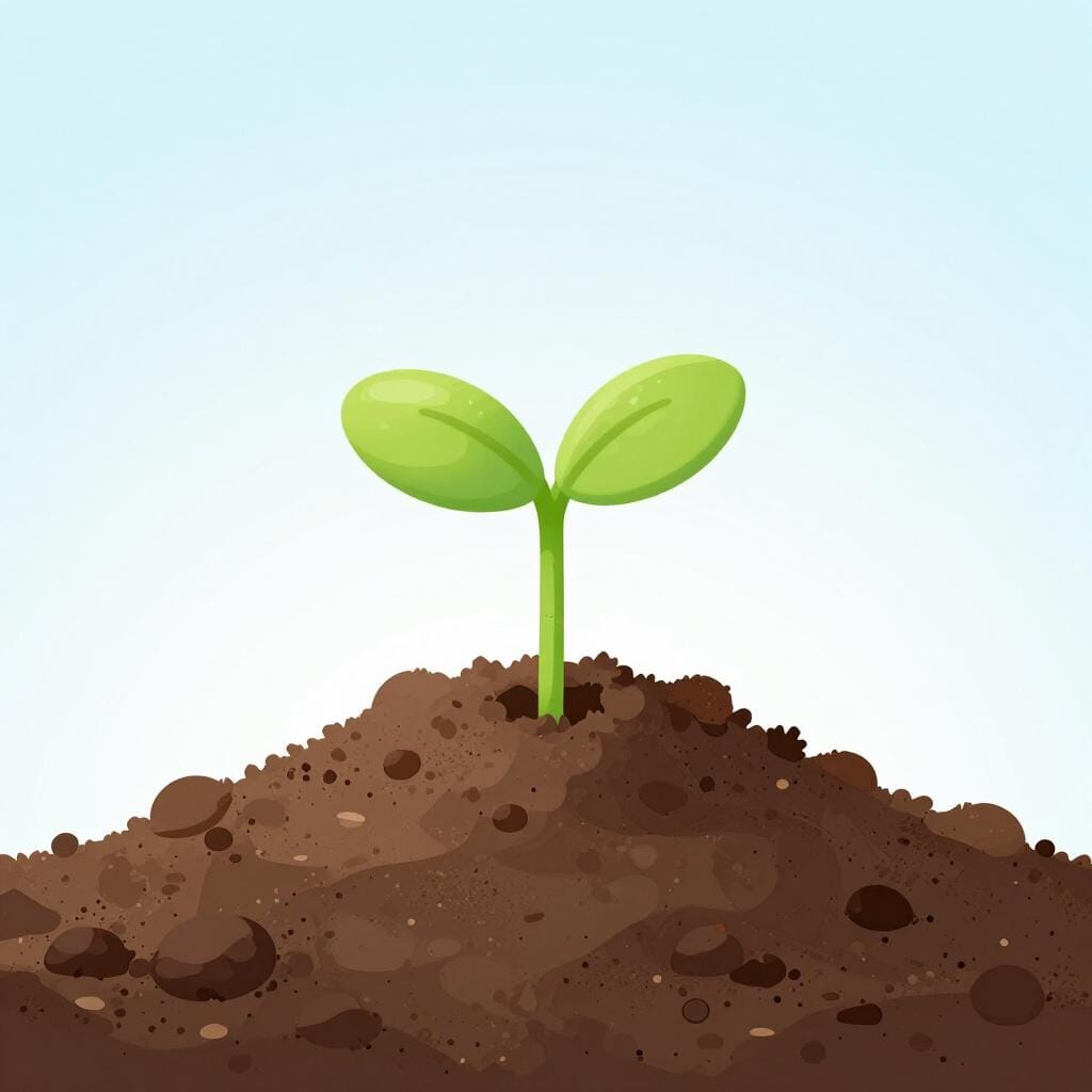 A small green sprout emerging from a mound of dark brown soil.