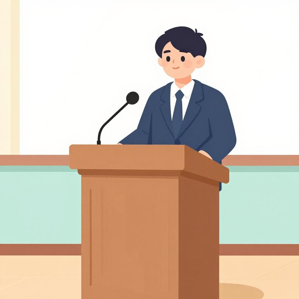 Een universitaire professor die achter een groot houten spreekgestoelte in een statige collegezaal staat.