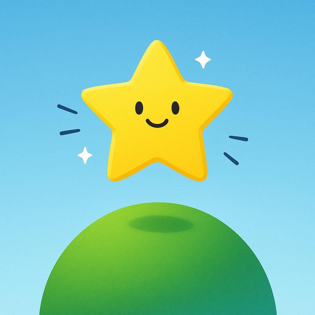 A small, simple star suddenly pops up and bursts brightly above a green grassy hill, illustrating an event that has taken place.
