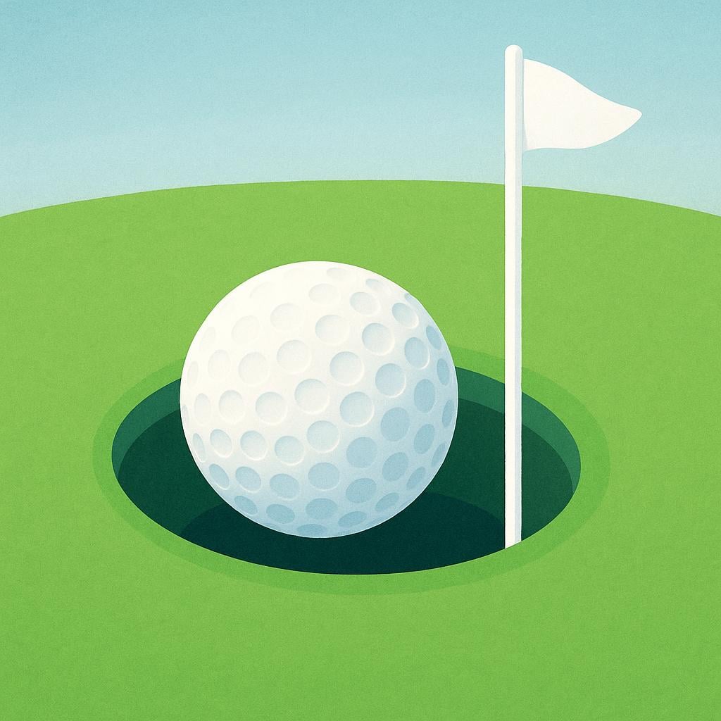 A white golf ball resting inside the golf cup on a bright green putting green, marked by a flagstick.