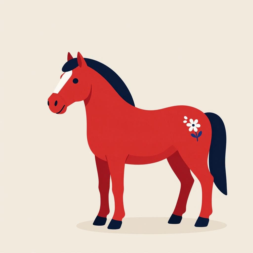 Un cavallino Dala classico svedese, dipinto di rosso vivo con motivi floreali bianchi e blu, in piedi su una semplice superficie di legno.