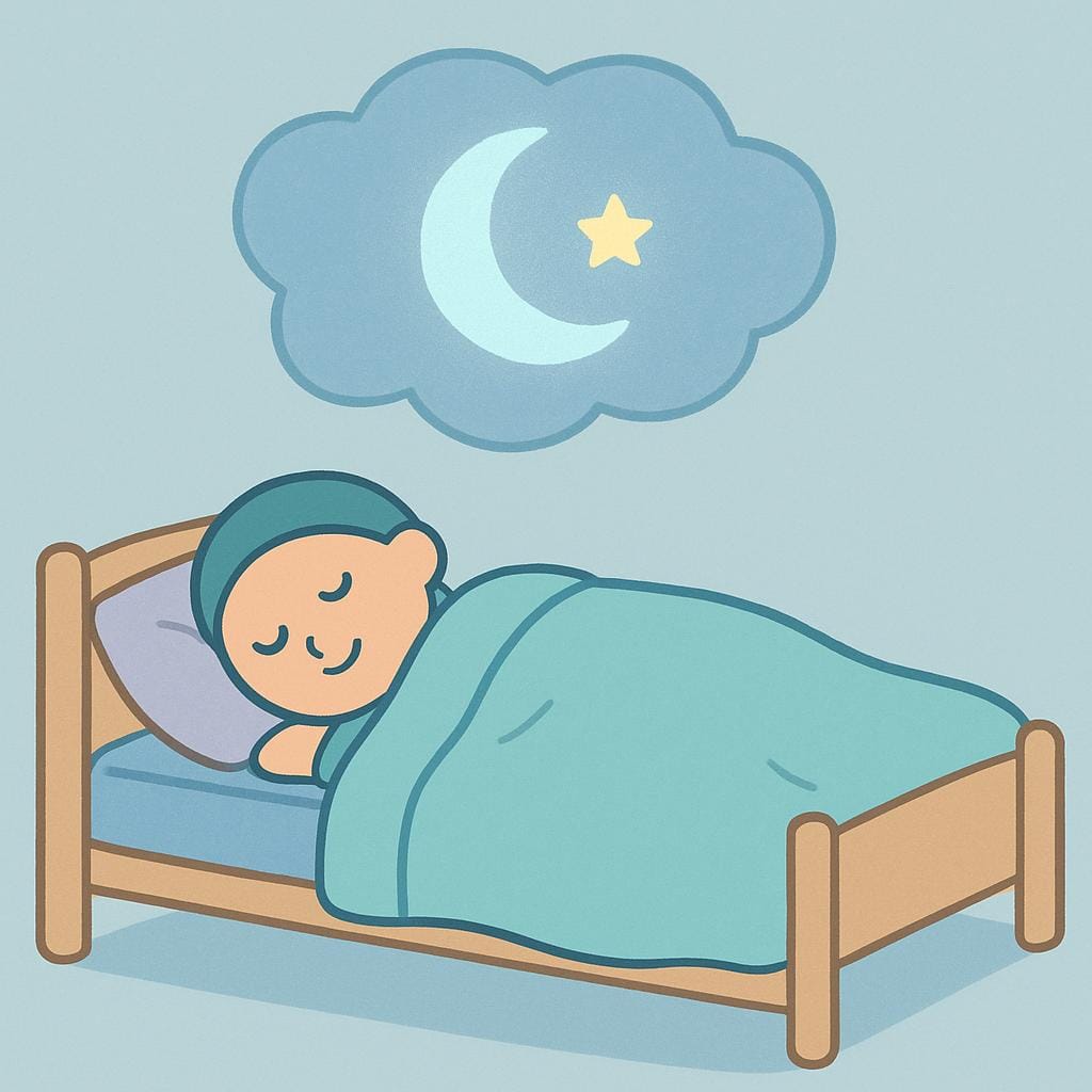 A simple storybook illustration showing a child sleeping soundly in bed beneath a blue blanket. Above the child's head, a stylized cloud shape contains a glowing crescent moon and a single star, symbolizing the act of dreaming.