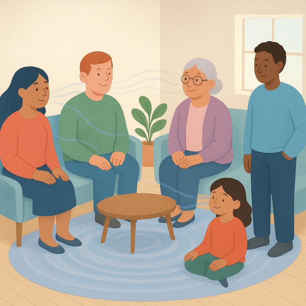 A colorful storybook illustration depicting a group of stylized people in a setting where soft, low, wavy lines are visually spreading near the ground, symbolizing indistinct low sounds or murmurs.