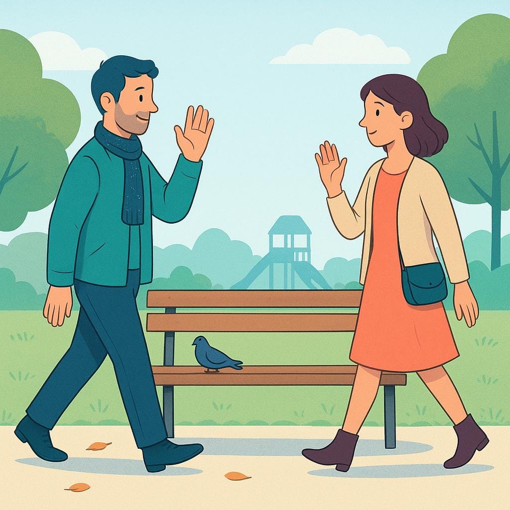 二人のカラフルな絵本キャラクター、男性と女性が公園のベンチから立ち上がり、別れを告げるように手を振っており、会話の終わりを示唆している。