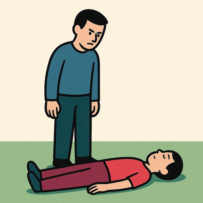 A storybook illustration depicting one stylized figure standing over another figure who is lying completely still on the ground, symbolizing the act of murder.