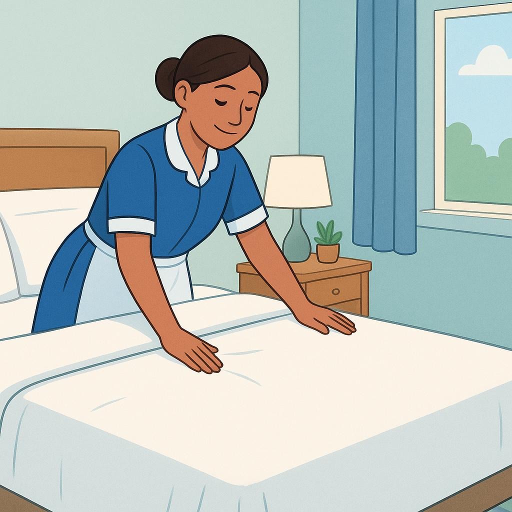 A woman wearing a cleaning uniform is smoothing out a fresh white duvet while making a bed in a hotel room.
