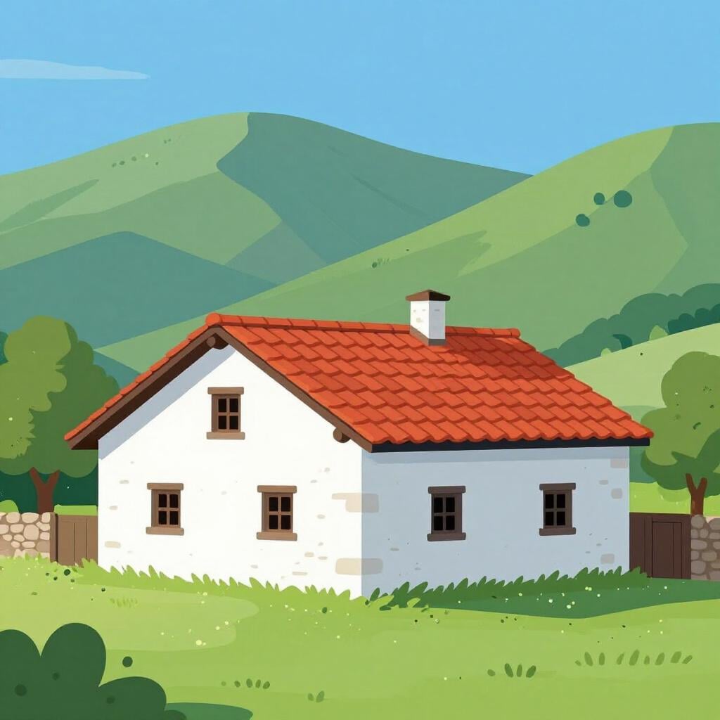 Une illustration de livre d'histoires de haute qualité d'une ferme basque traditionnelle avec un toit rouge et des murs blancs nichée dans des collines verdoyantes.