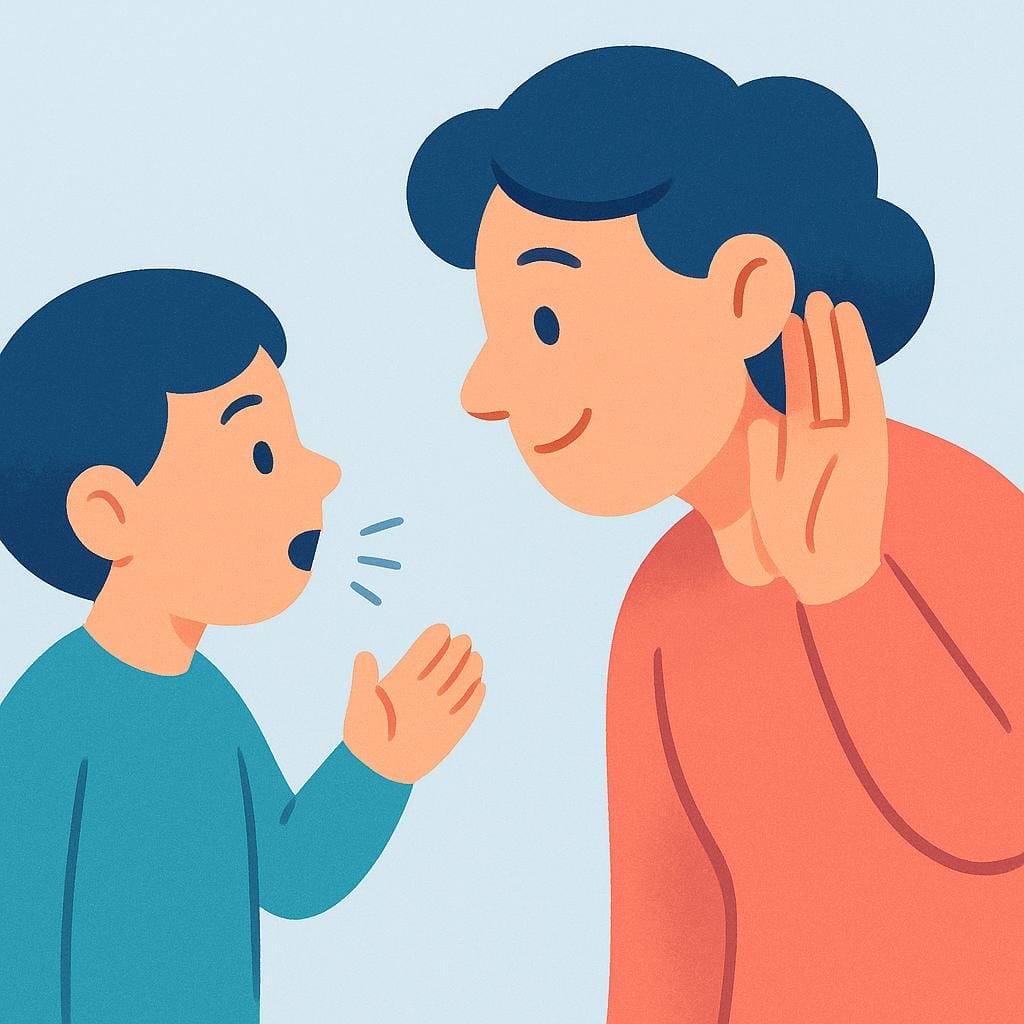 Une illustration colorée montrant une petite personne parlant avec emphase à une personne plus grande qui se penche et se couvre l'oreille pour entendre clairement l'orateur.
