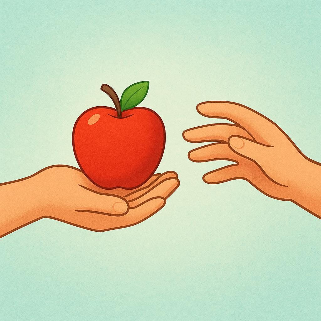 A close-up illustration of one hand offering a bright red apple to another hand, symbolizing taking something.