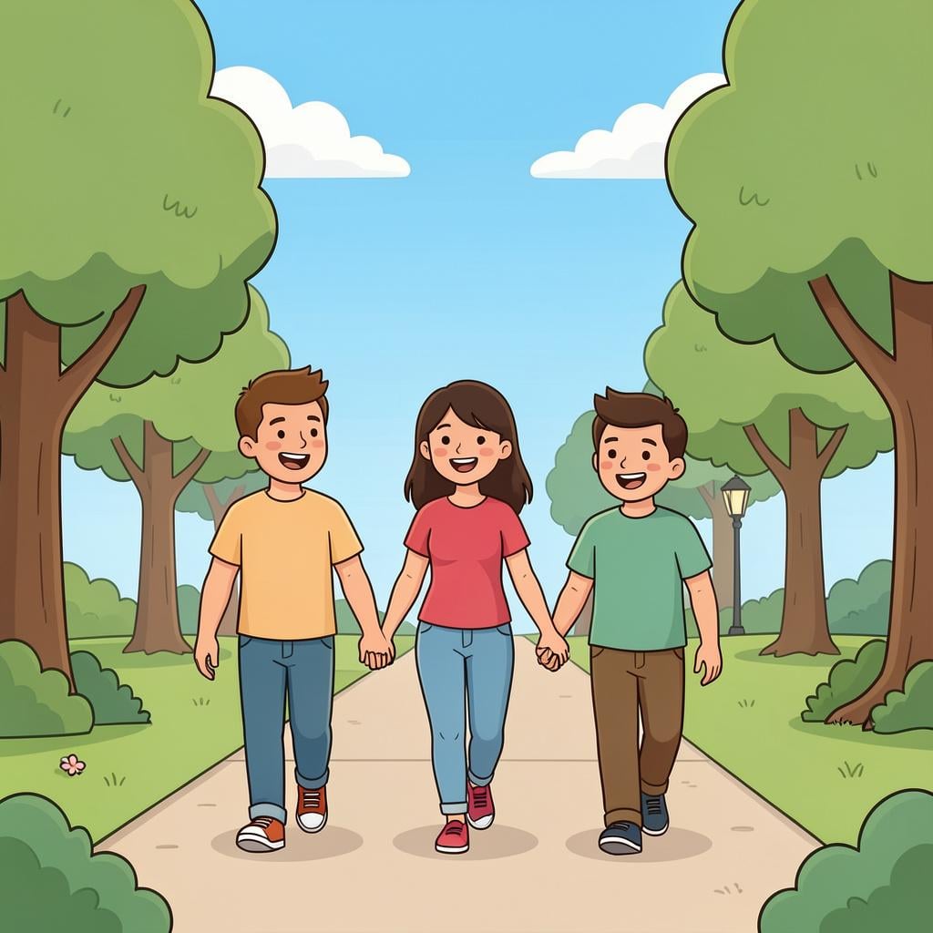 A group of happy friends walking together in a park during a sunny day.