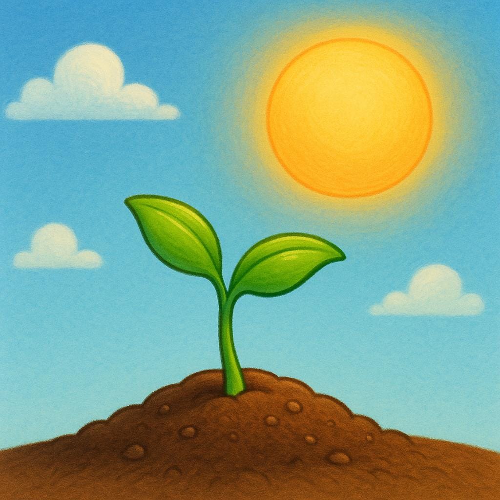 A small, vibrant green sprout pushing up from brown soil, stretching its leaves toward a large, glowing yellow sun in a clear blue sky.