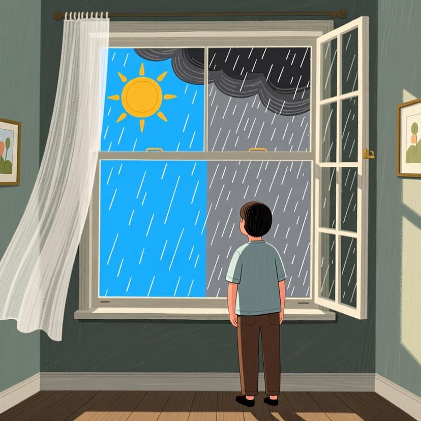 A person looking out a window at a sky that has both sun and dark, heavy clouds, representing the possibility of rain.