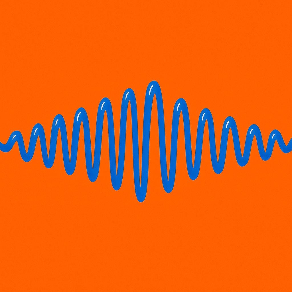 A high quality simple colorful storybook illustration featuring a bright blue, wavy line with many tight, short curves moving horizontally across a solid orange background, representing a high-frequency signal.
