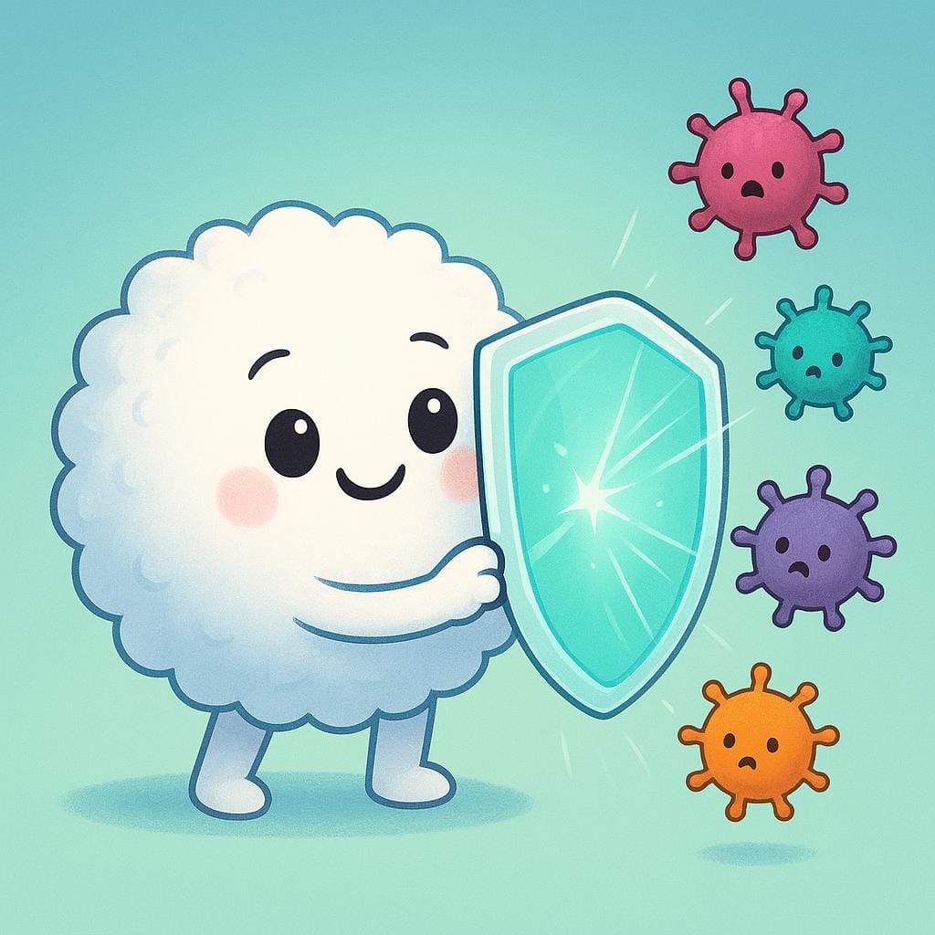 A cartoon white blood cell holding a protective glowing shield, deflecting incoming colorful virus particles.