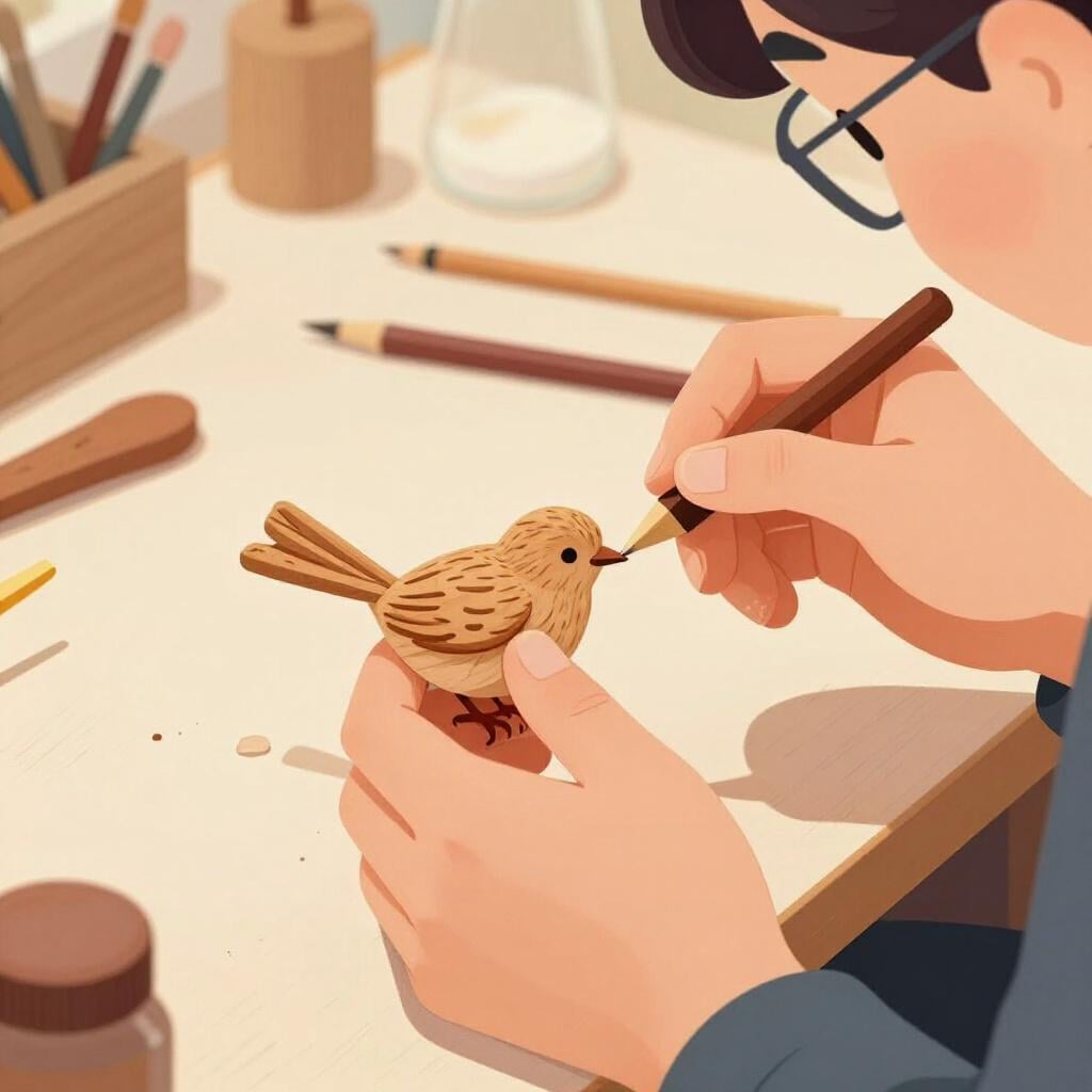 A skilled woodworker carefully carving a small wooden bird with precise tools.