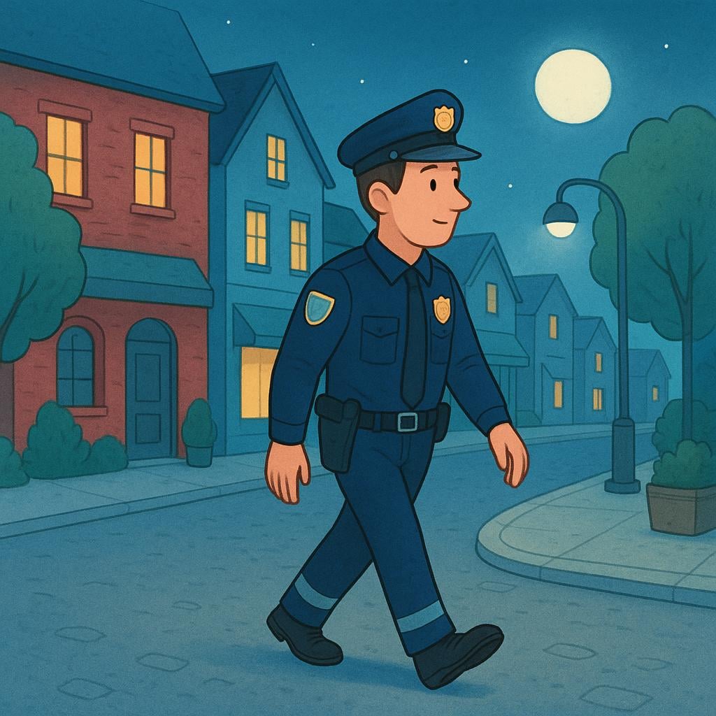 A lone police officer walking slowly along a quiet residential street at night, clearly observing the surroundings.