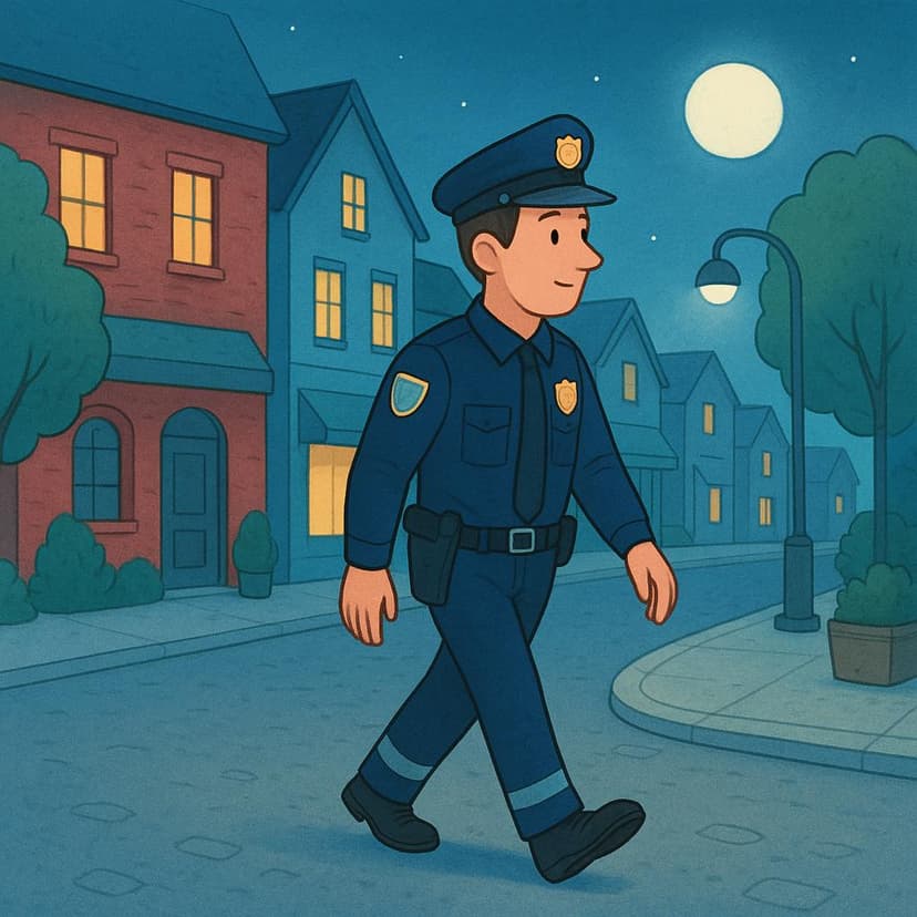 A lone police officer walking slowly along a quiet residential street at night, clearly observing the surroundings.