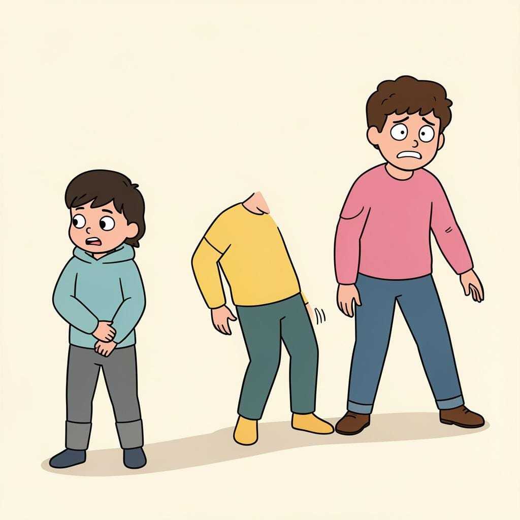 A person at the back of a short line, leaning forward and peering around the others with an annoyed face.