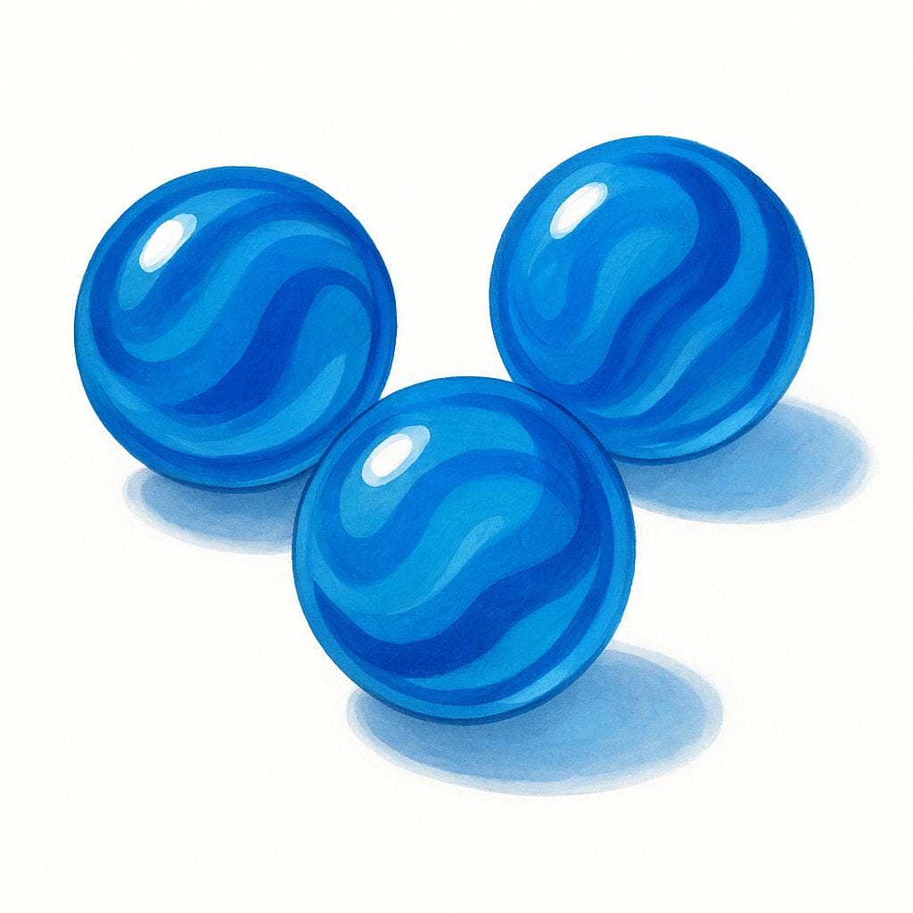 Three shiny, perfectly spherical blue marbles resting on a clean white surface, emphasizing the deep blue color.