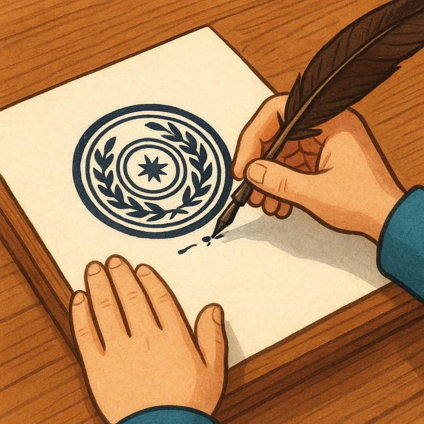 A pair of hands holding a quill pen, actively drawing a stylized official seal onto a piece of paper resting on a wooden ledger, illustrating the act of invoicing.