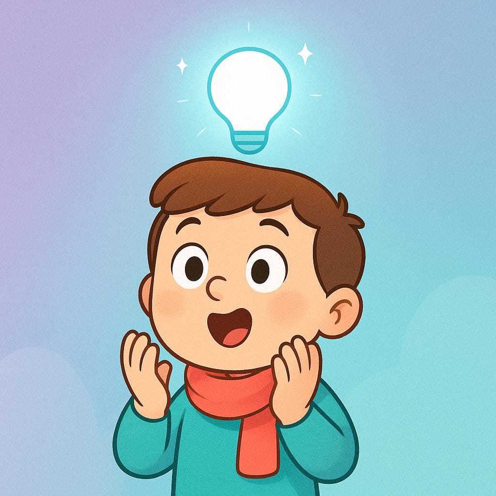 A child smiling brightly as a glowing, colorful idea shape pops into existence above their head, symbolizing a sudden moment of understanding or comprehension.